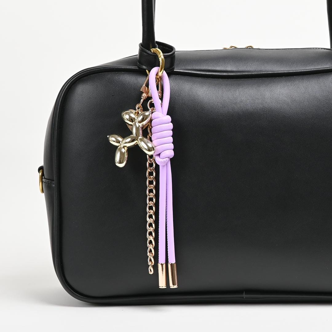 Braided Leather Rope Balloon Dog Charm, Metal Chain Link Bag Accessory (Gold/Silver)