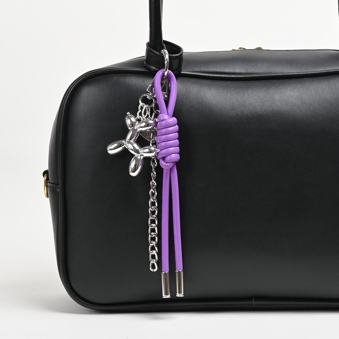 Braided Leather Rope Balloon Dog Charm, Metal Chain Link Bag Accessory (Gold/Silver)