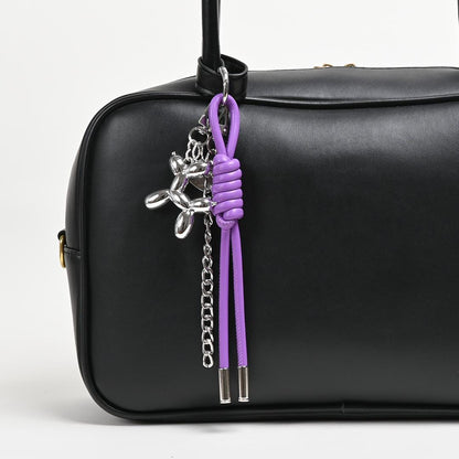 Braided Leather Rope Balloon Dog Charm, Metal Chain Link Bag Accessory (Gold/Silver)