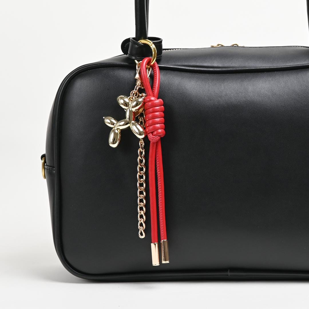 Braided Leather Rope Balloon Dog Charm, Metal Chain Link Bag Accessory (Gold/Silver)
