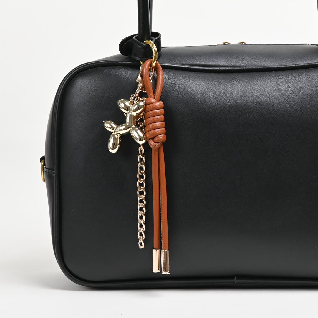 Braided Leather Rope Balloon Dog Charm, Metal Chain Link Bag Accessory (Gold/Silver)