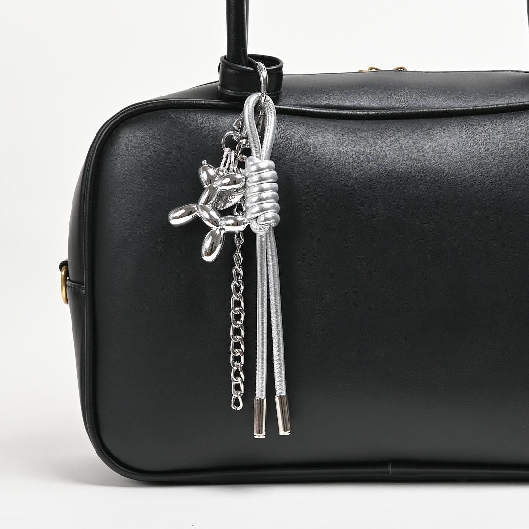 Braided Leather Rope Balloon Dog Charm, Metal Chain Link Bag Accessory (Gold/Silver)