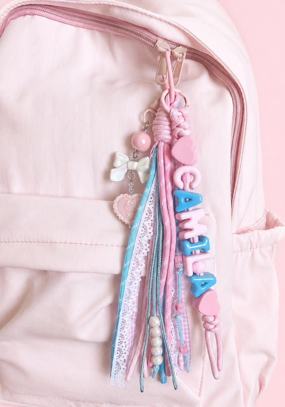 Personalized Name keychain Pink Heart Ribbon Girl Gift